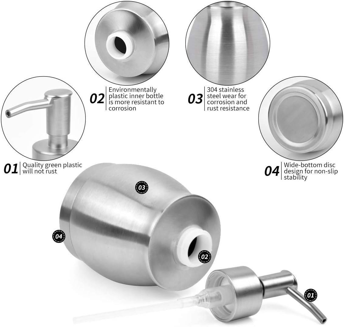 Stainless Steel Countertop Soap Dispenser Liquid Bottle and Pump, Suitable for Various Places Such as Kitchen and Bathroom (Brushed Nickel, 390 ml/13 oz)