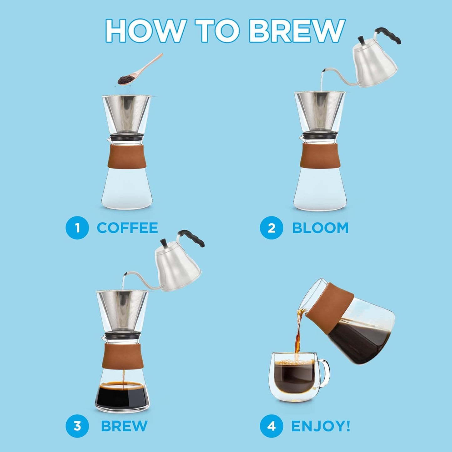 GROSCHE Amsterdam Glass Pour Over Coffee Maker - Single Cup Manual Dripper Brewer w/Removable Glass Top & Permanent Stainless Steel Filter - 27.6 fl oz - Ideal for Home, Camping, & On-the-Go Brewing