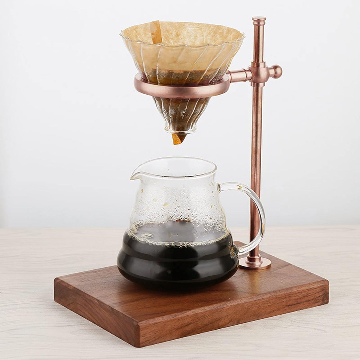 Topyond Pour Over Coffee Dripper Station Stand, Adjustable Stand Wooden Base for Cone Glass Coffee Carafe, Restaurant Filter Holder for Café, Rose Gold