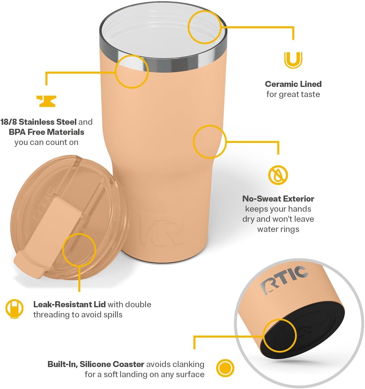 RTIC 30oz Essential Tumbler with Lid, Insulated, Stainless Steel, Metal, Double Wall Vacuum-Insulation, Ceramic Lined, Travel Cup for Iced Coffee, Tea, Hot and Cold Drink, Peach Tea