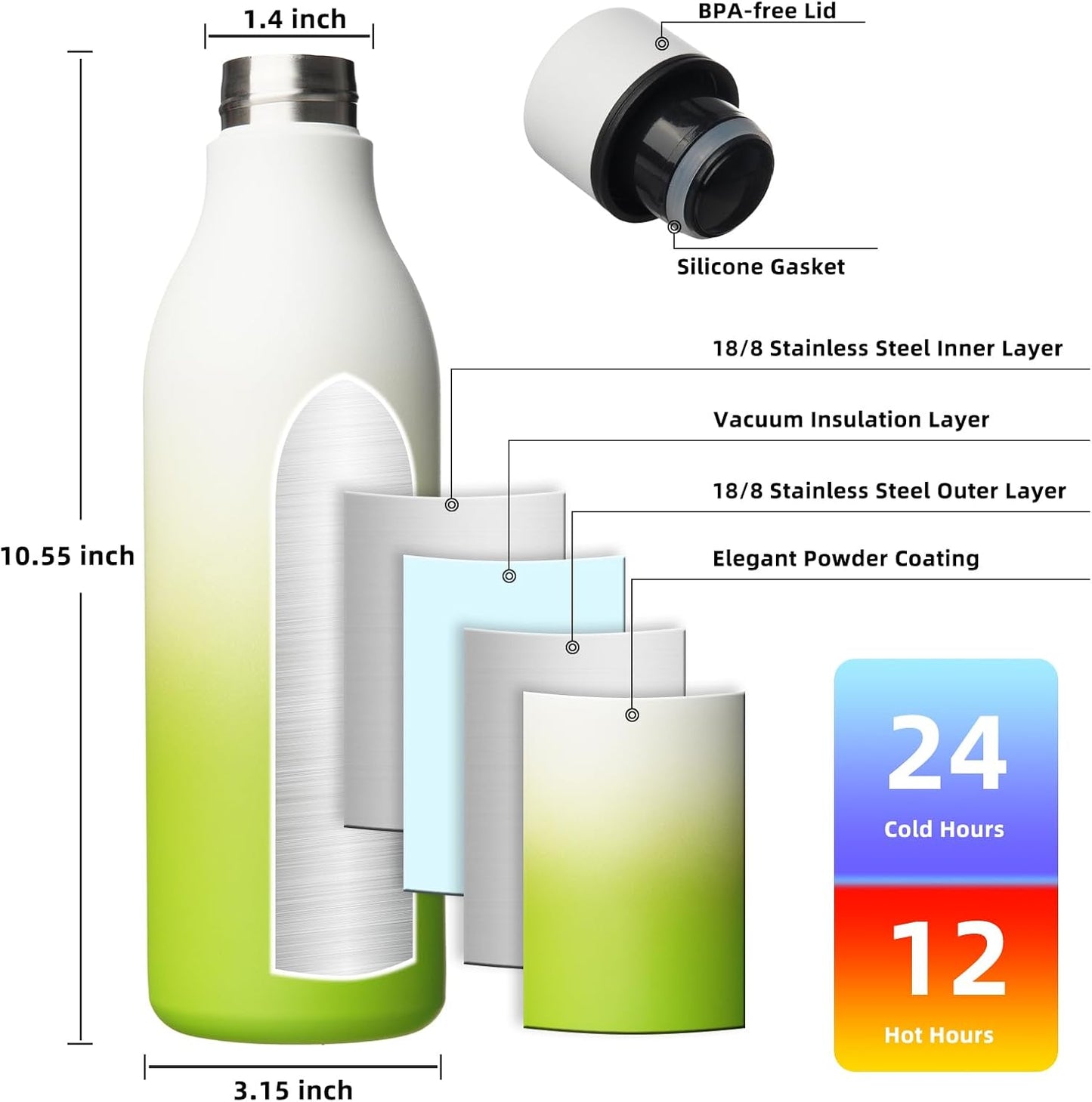 BJPKPK Insulated Water Bottles, 25 oz Stainless Steel Metal Water Bottle with Strap, BPA Free Leak Proof Thermos, Mugs, Flasks, Reusable Water Bottle for Sports & Travel, Elegant Green