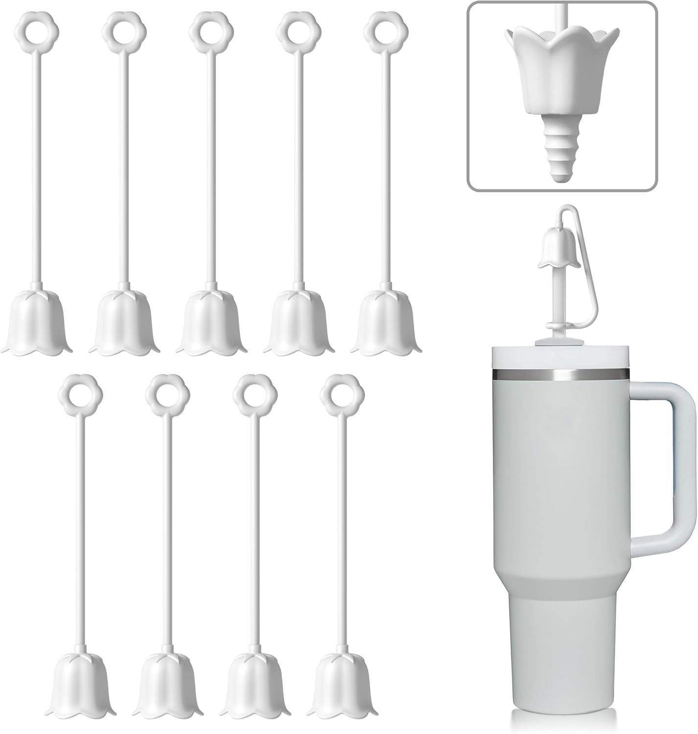 9Pcs Silicone Straw Covers for Stanley Yeti Tumbler Cup, Reusable Drinking Straw Cap Easy to Clean, Dust-Proof Flower Straw Topper Compatible for 6-10m/0.23-0.4inch Straws(White)