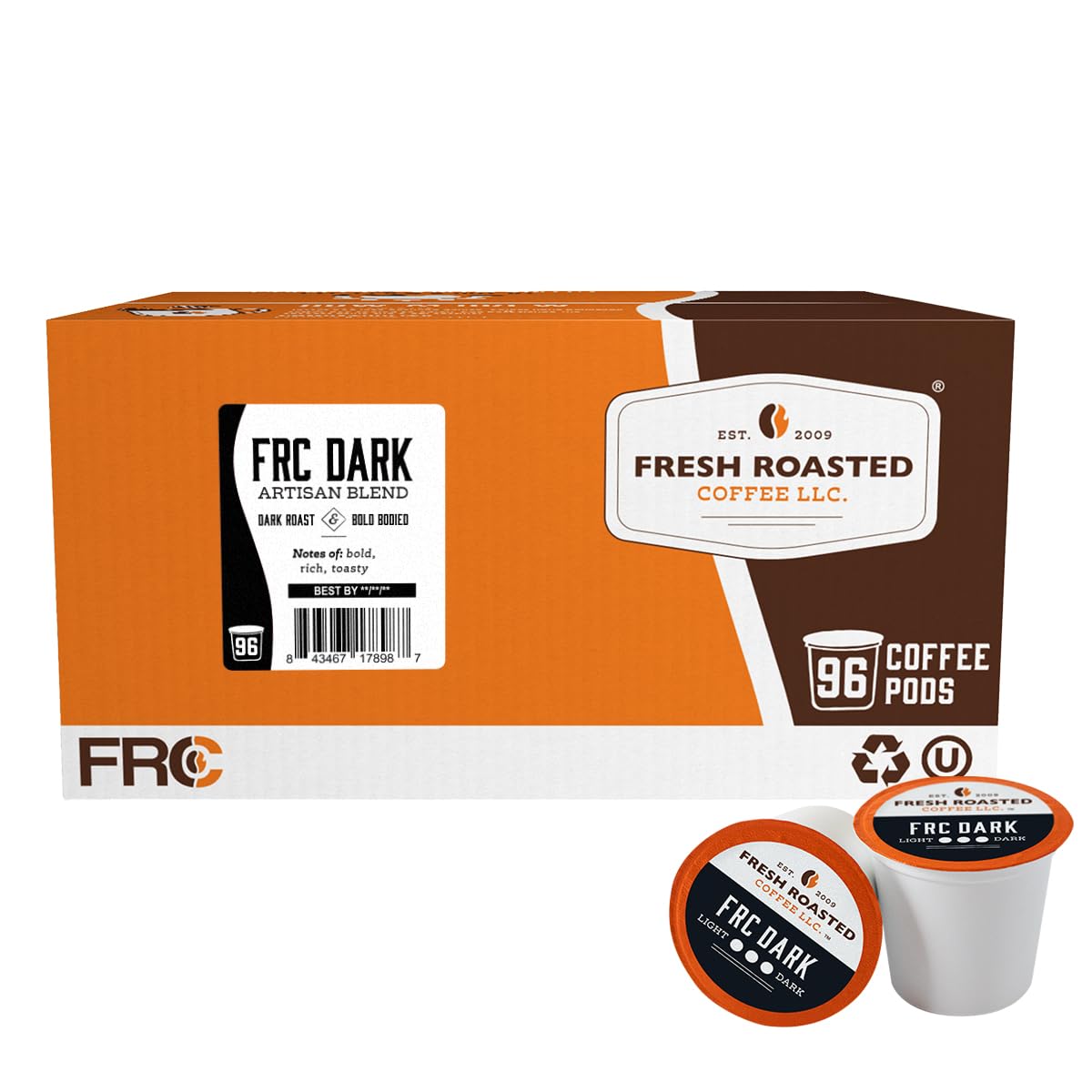 Fresh Roasted Coffee, FRC Dark Roast Blend, 96 Pods for K Cup Brewers