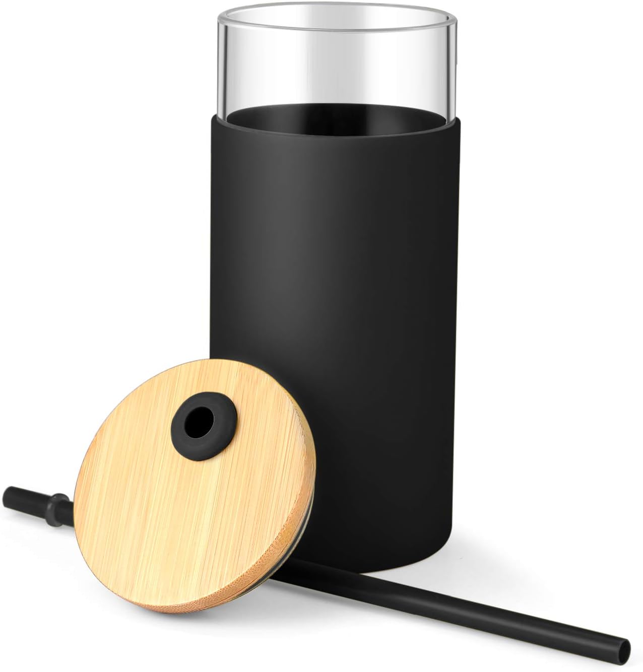 Tronco 20 oz Glass Tumbler Glass Water Bottle Straw Silicone Protective Sleeve Bamboo Lid - BPA Free - Black/2 Pack