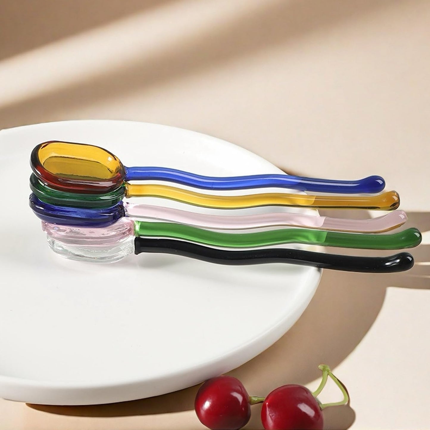 5 Pieces Glass Spoons, Creative Colored Transparent Coffee Milk Glass Dessert Stirring Spoon Curved Handle Tools for Tea Sugar Home Bar Party (Square)