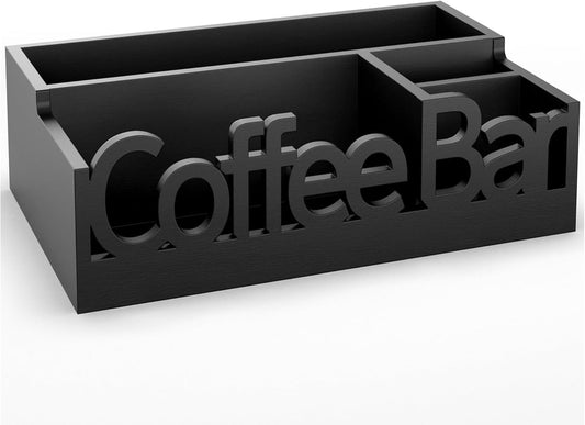 Coffee Bar Organizer for Countertop – Wooden Coffee Caddy with Compartments for Pods, Creamer, Sugar Packets, and Accessories – Coffee Station Storage for Home and Office (Black)