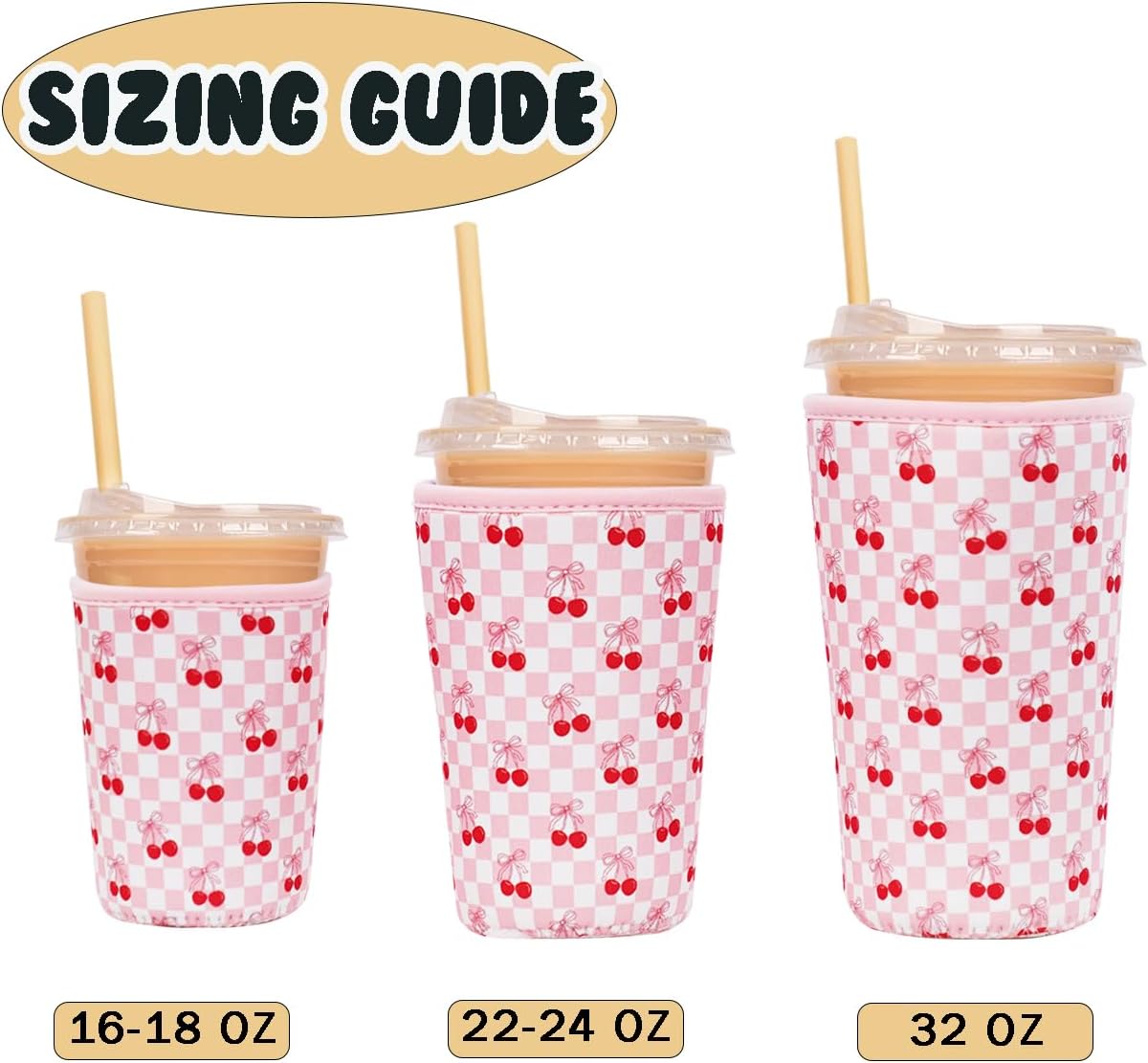 Reusable Insulated Neoprene Iced Coffee Cup Sleeve, Durable Drink Sleeve for Cold Beverages, Beverage Holder for Iced Coffee, Sweet Cherry