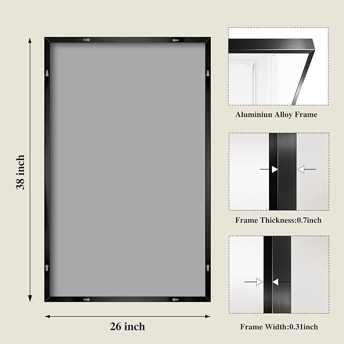 Koonmi Black Mirrors for Wall, 26x38 Inch Bathroom Mirror, Rectangular Wall - Image 2