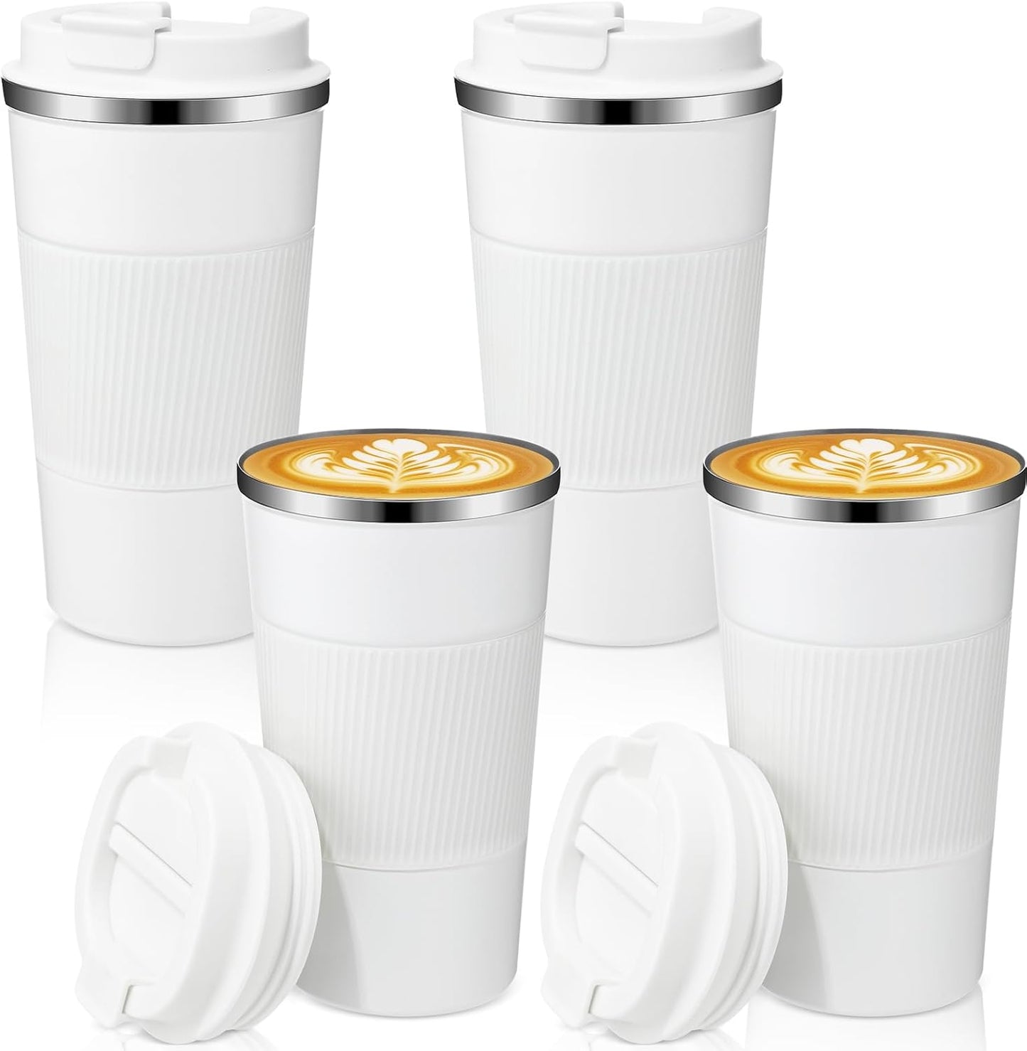 Sabary 4 Pack 16 oz Bulk Travel Coffee Mug with Lid Reusable Vacuum Insulated Coffee Tumbler Double Wall Thermal Stainless Steel Camping Tea Cup for Christmas Winter Drinks Employee Gift(White)