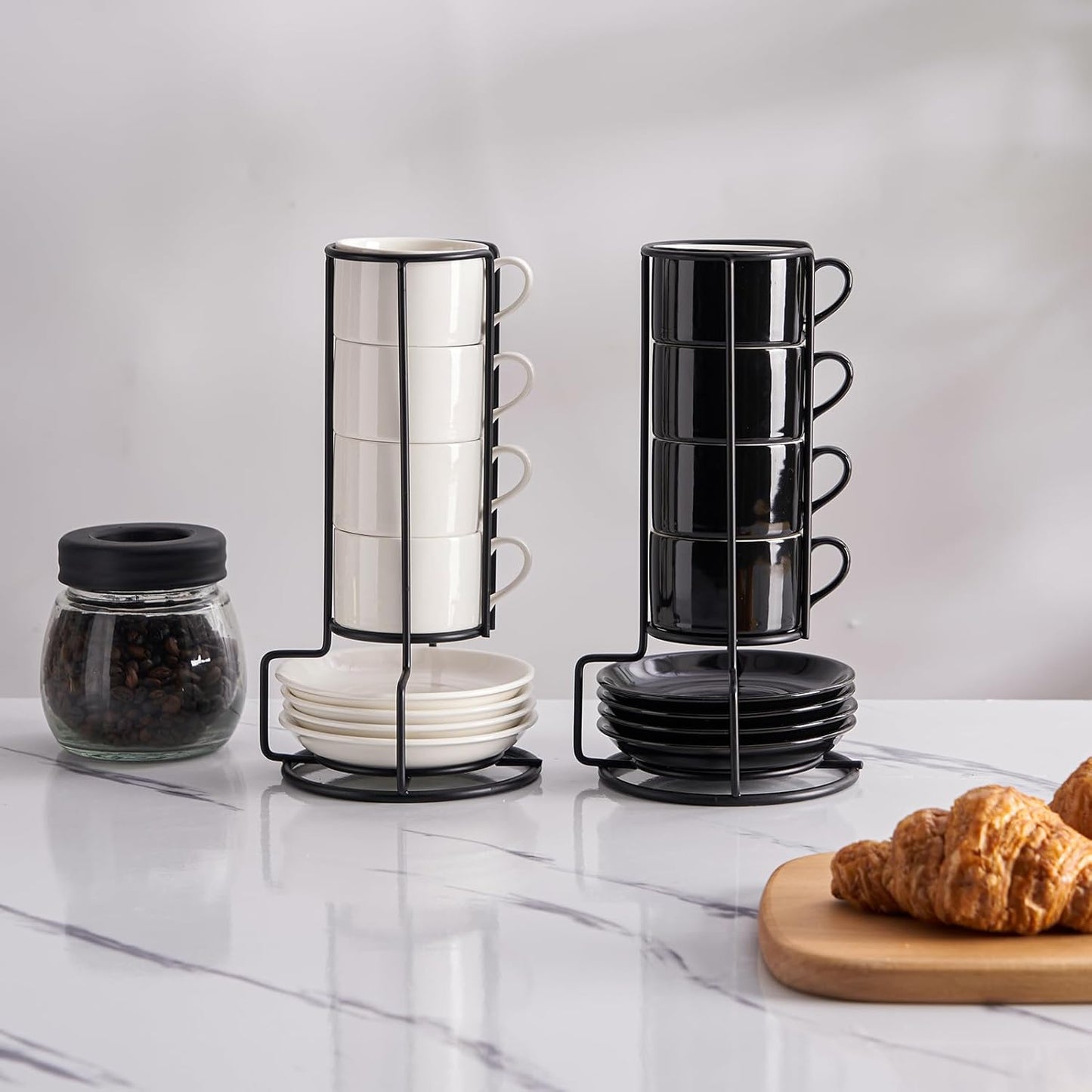 2.5oz Porcelain Stackable Espresso Cups with Saucers and Metal Stand Set of 4, Stackable Cappuccino Cups, Black Expresso Shots Cup Set for Coffee Drinks, Latte, Tea