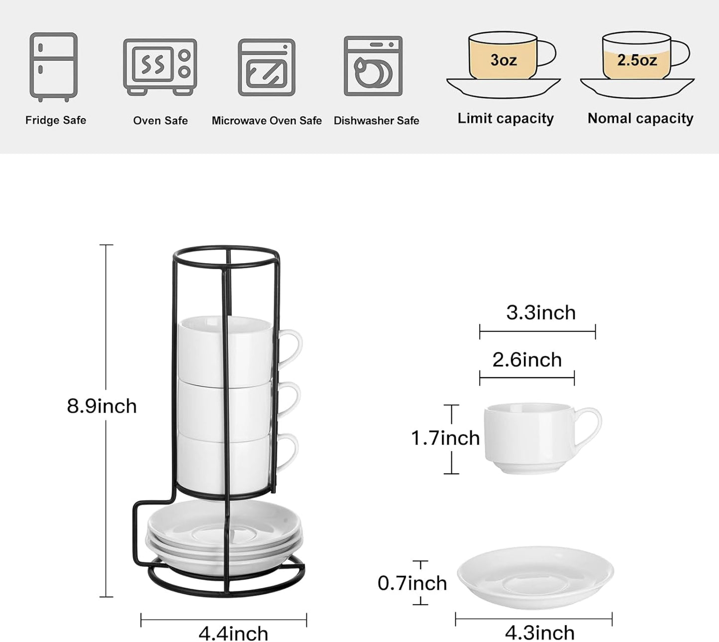 YOLIFE 2.5oz Porcelain Stackable Espresso Cups with Saucers and Metal Stand Set of 4, Stackable Cappuccino Cups, White Expresso Shots Cup Set for Coffee Drinks, Latte, Tea
