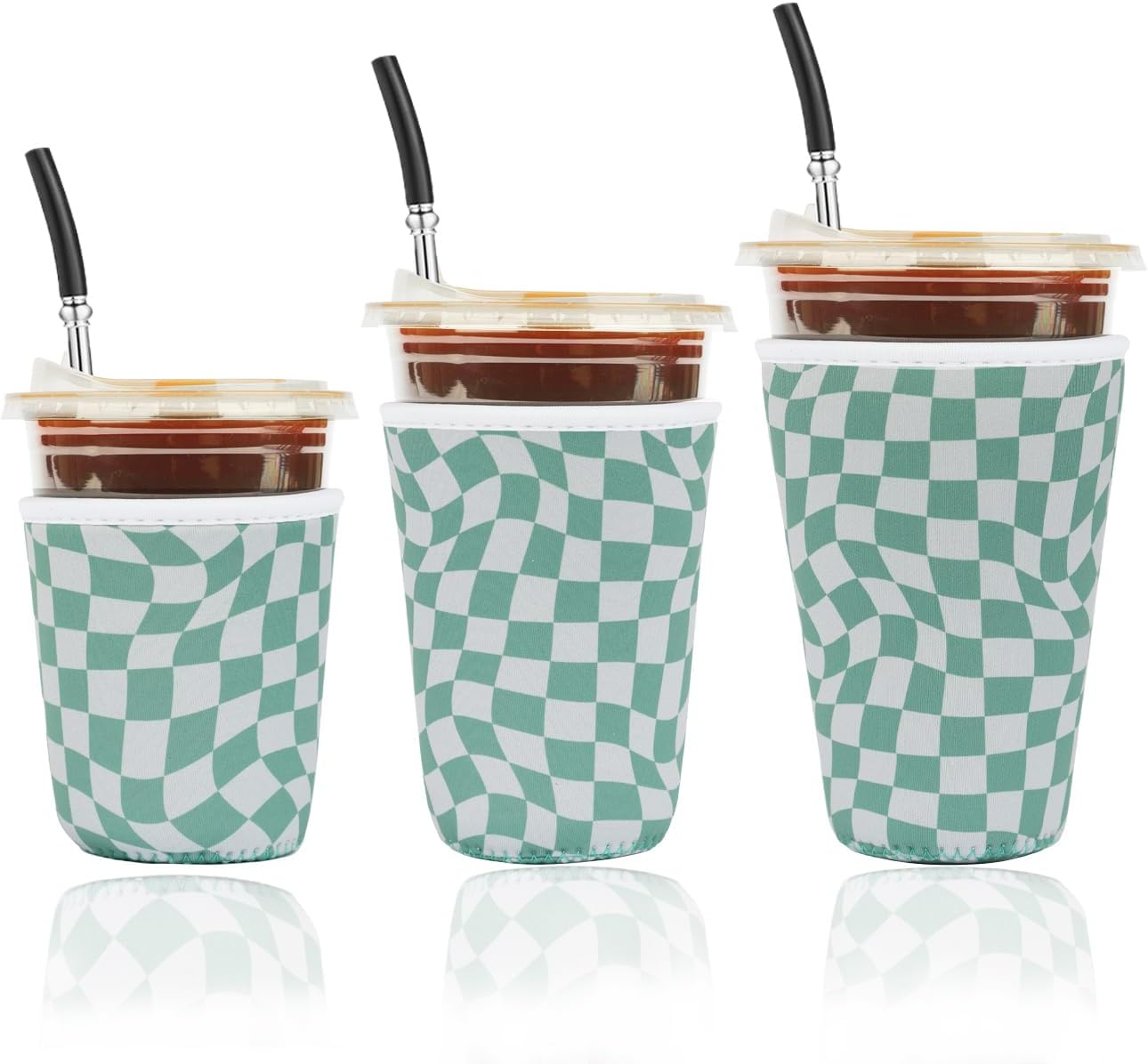 Reusable Insulated Neoprene Iced Coffee Cup Sleeve, Durable Drink Sleeve for Cold Beverages, Beverage Holder for Iced Coffee, Wavy Grid