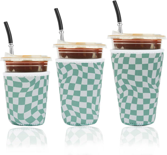 Reusable Insulated Neoprene Iced Coffee Cup Sleeve, Durable Drink Sleeve for Cold Beverages, Beverage Holder for Iced Coffee, Wavy Grid