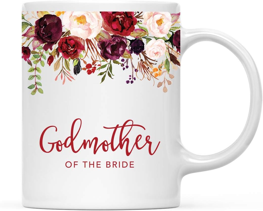 Andaz Press 11oz. Wedding Ceramic Coffee Tea Mug Gift, Fall Autumn Marsala Burgundy Flowers Roses Florals, Godmother of the Bride, 1-Pack, Includes Gift Box