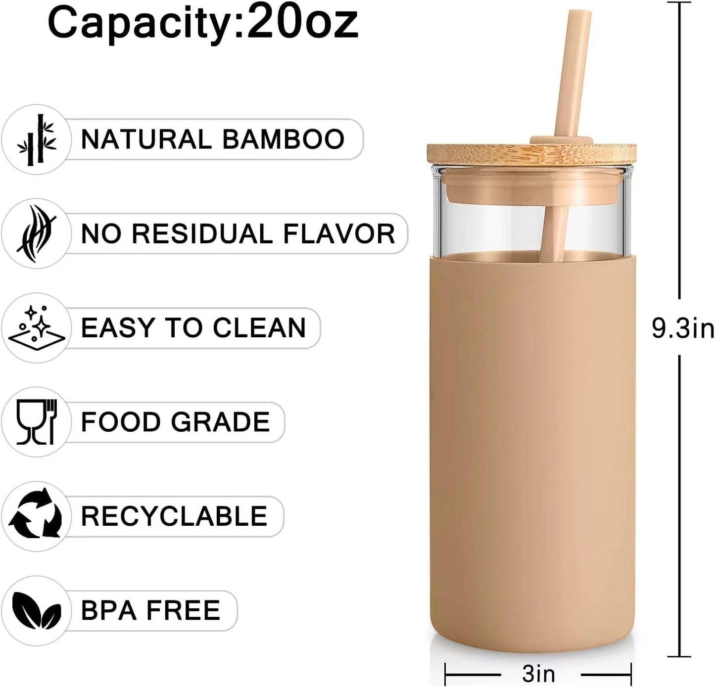 Tronco 20 oz Glass Tumbler with Lid & Straw - Iced Coffee Cup & Smoothie Cup With Silicone Sleeve | BPA-Free, Dishwasher Safe | Reusable Glass Cups with Bamboo Lids and Straws (Amber, 1 Count)