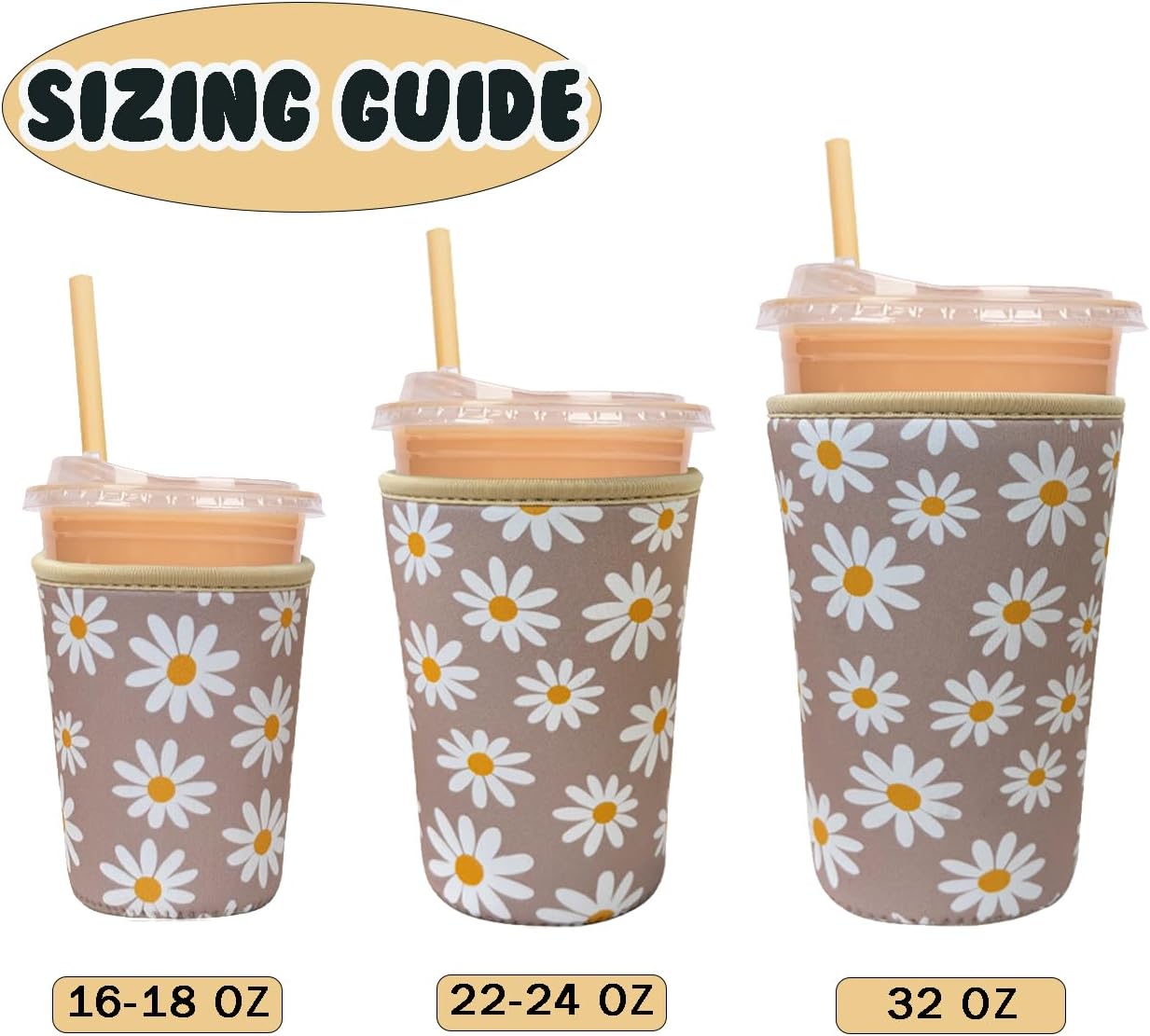 Reusable Insulated Neoprene Iced Coffee Cup Sleeve, Durable Drink Sleeve for Cold Beverages, Beverage Holder for iced coffee, Sunny Daisies