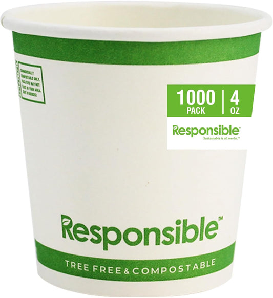 4 oz Paper Hot Cups, Tree-Less™ Compostable Paper Coffee Cups, Extra Strength, Tree-Free and Made Without PFAS, White (1000 Count)