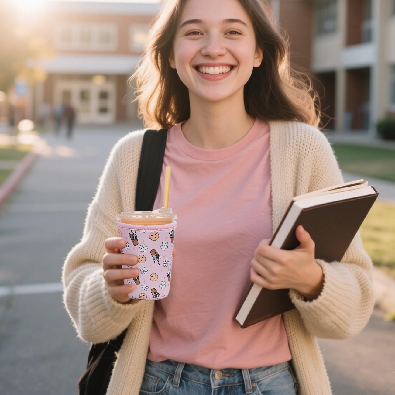 Reusable Insulated Neoprene Iced Coffee Cup Sleeve, Durable Drink Sleeve for Cold Beverages, Beverage Holder for Iced Coffee, Pink Coffee