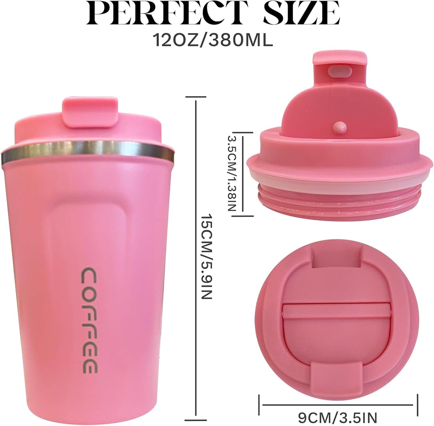 YINBAOGE Insulated Travel Coffee Mug Spill Proof Leak Proof Pobtable To Go Camping Stainless Steel Coffee Tumbler Reusable Coffee Cups with Lids Thermos for Hot and Cold Drink (2nd-Pink, 12 OZ)