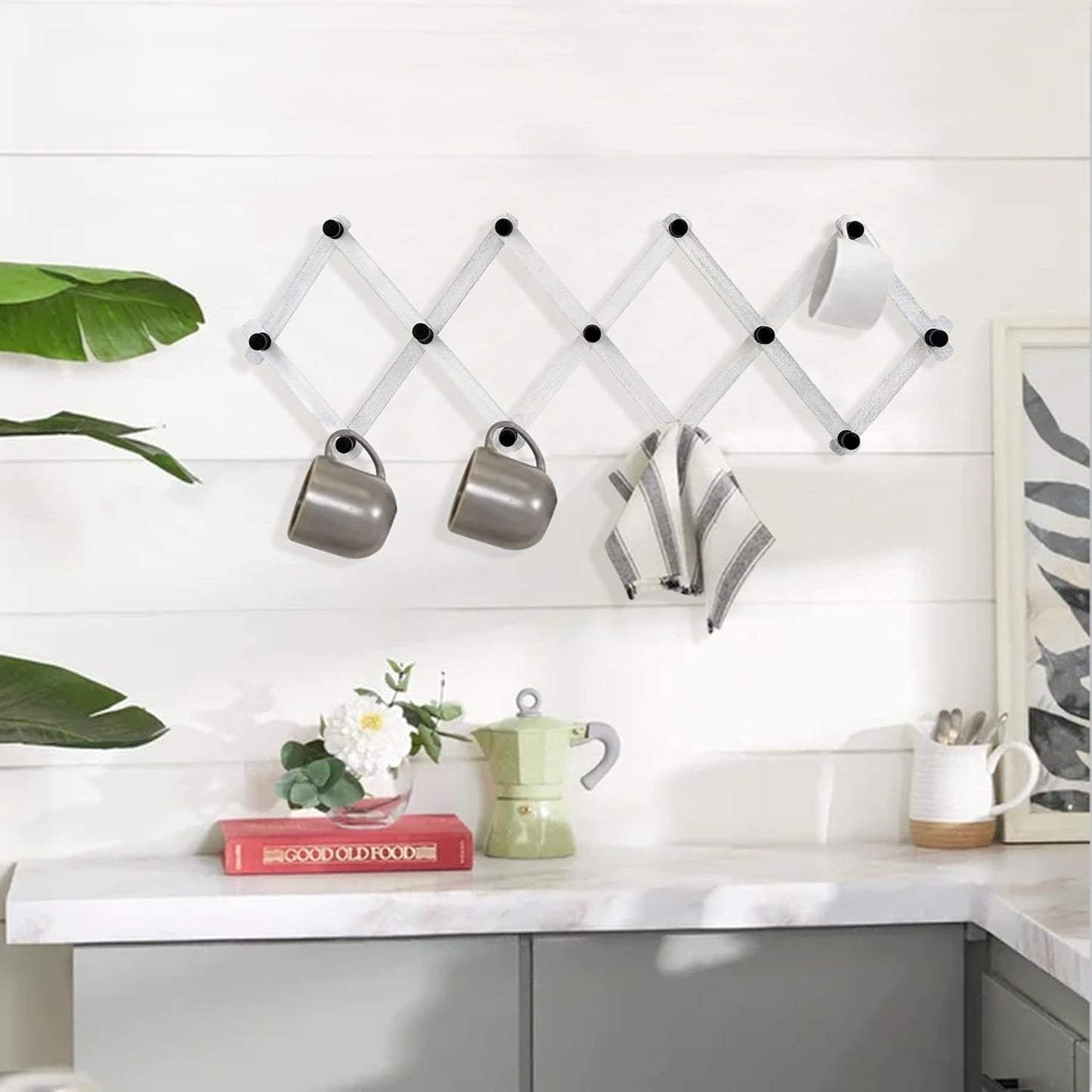 WGFKVAS 2 Pack Expandable Coat Rack, Accordion Wall Hanger, Wooden Hat Rack Wall Mounted, Accordion Hook for Mugs, Cap, Coats, 13 Hooks (Pegs), White