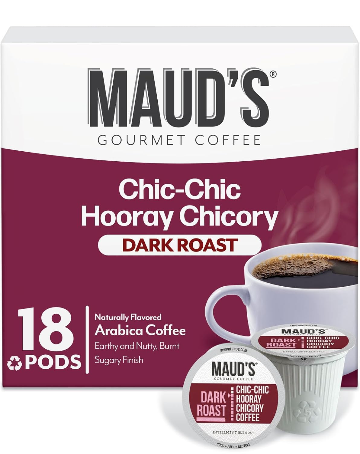 Maud's Chicory Flavored Coffee Pods, 18 ct, Dark Roast Flavored Coffee in Recyclable Single Serve Pods – 100% Arabica Beans, Compatible with Keurig K Cups Maker