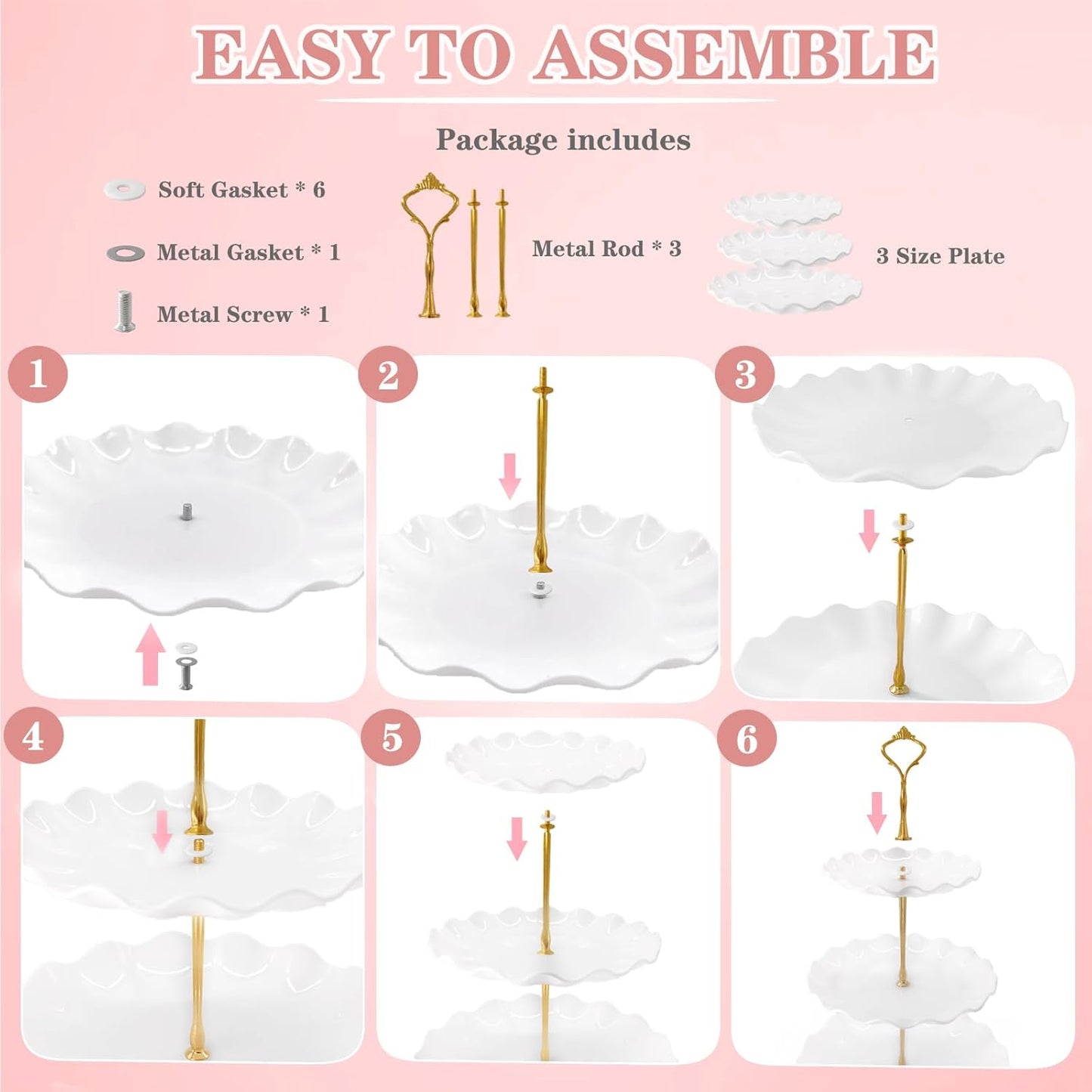 5 Pcs Dessert Table Display Set, White Plastic 2 Pcs Round 3 Tier Cupcake Stand Cup Cake Tower Stand with Metal Rod & 3 Pcs Serving Tray for Baby Shower, Tea Party, Wedding, Birthday Party