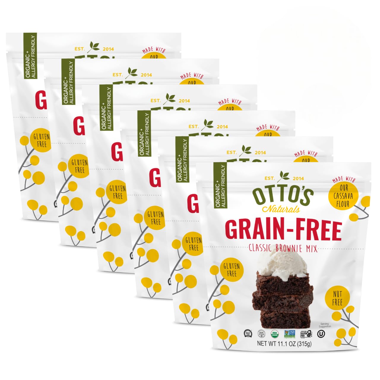 Otto's Naturals Grain-Free Classic Brownie Mix, 11.1 Oz., 6 Pack, Top 9 Allergen-Free, Versatile for Baked Treats, Made with Organic Cassava Flour, Gluten Free, Non-GMO, Vegan, Plant-Based