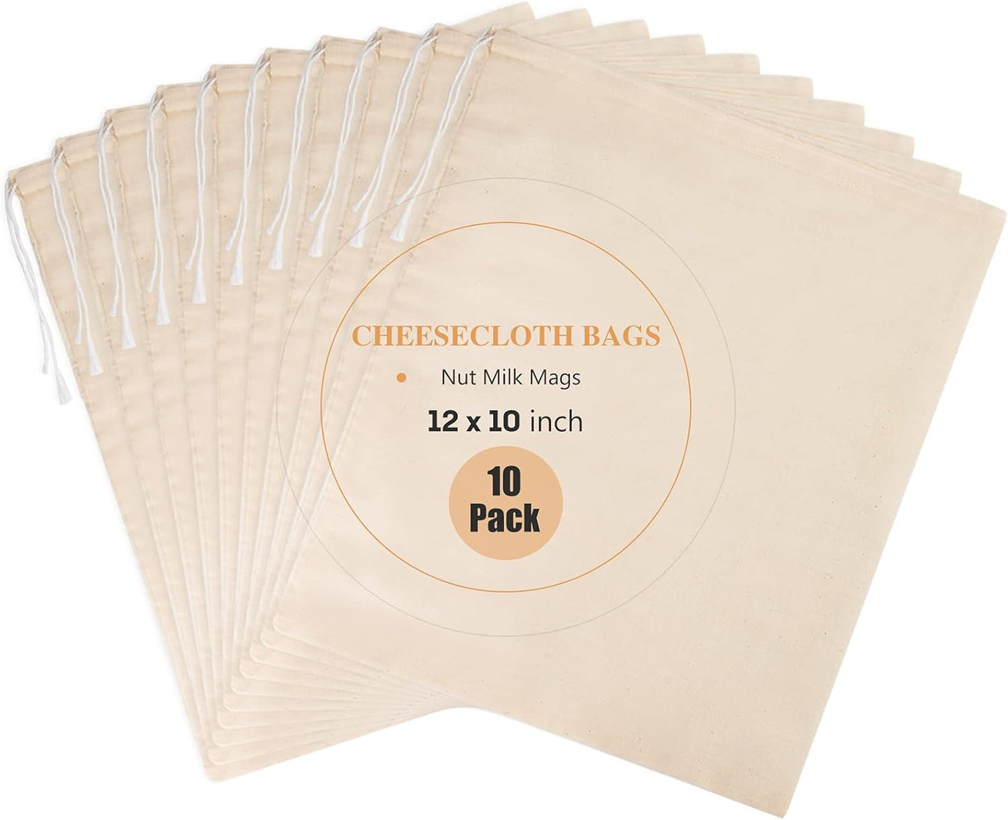 10 Pack Nut Milk Bag, 10‘’ x 12‘’ Fine Mesh Grade Reusable Cheesecloth Bags Strainers, Unbleached Organic Cotton Filter Bags for Almond Milk, Juices, ColdBrew, Cheese, Tea, Yogurt, Coffee