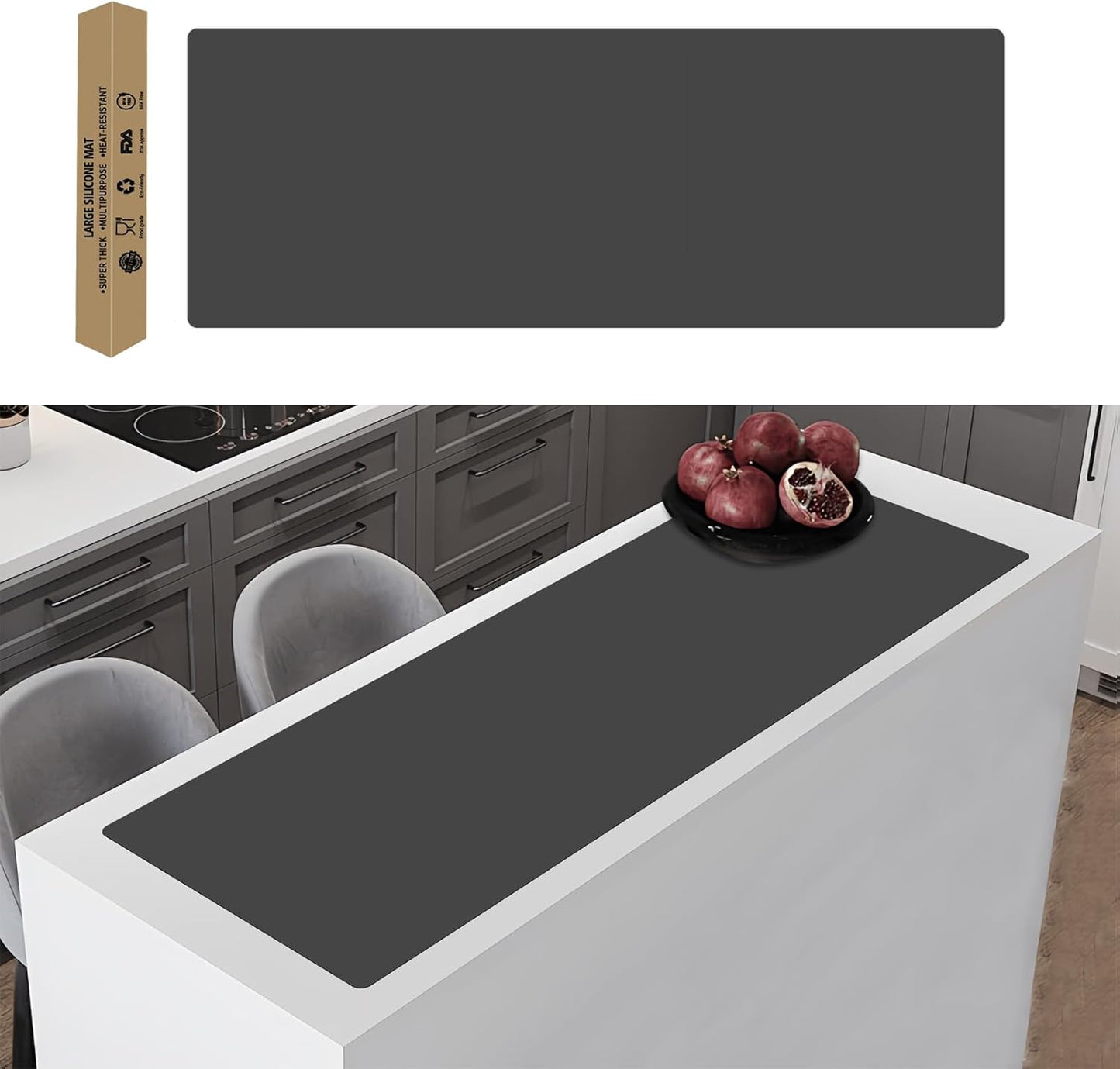 49.2"x15.7"(125cmx40cm) Large Silicone Mats for Kitchen Counter, Non-Slip Placemats, Heat Resistant Countertop Protector, Waterproof Craft Mat, Dark Gray