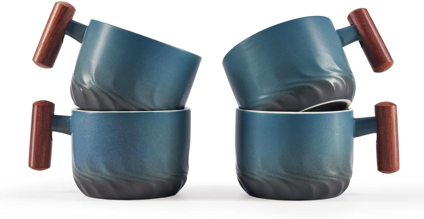 6oz Ceramic Espresso Cups with Wooden Handle, Small Coffee Cups for Latte Cappuccino, Tea Cups Set of 4