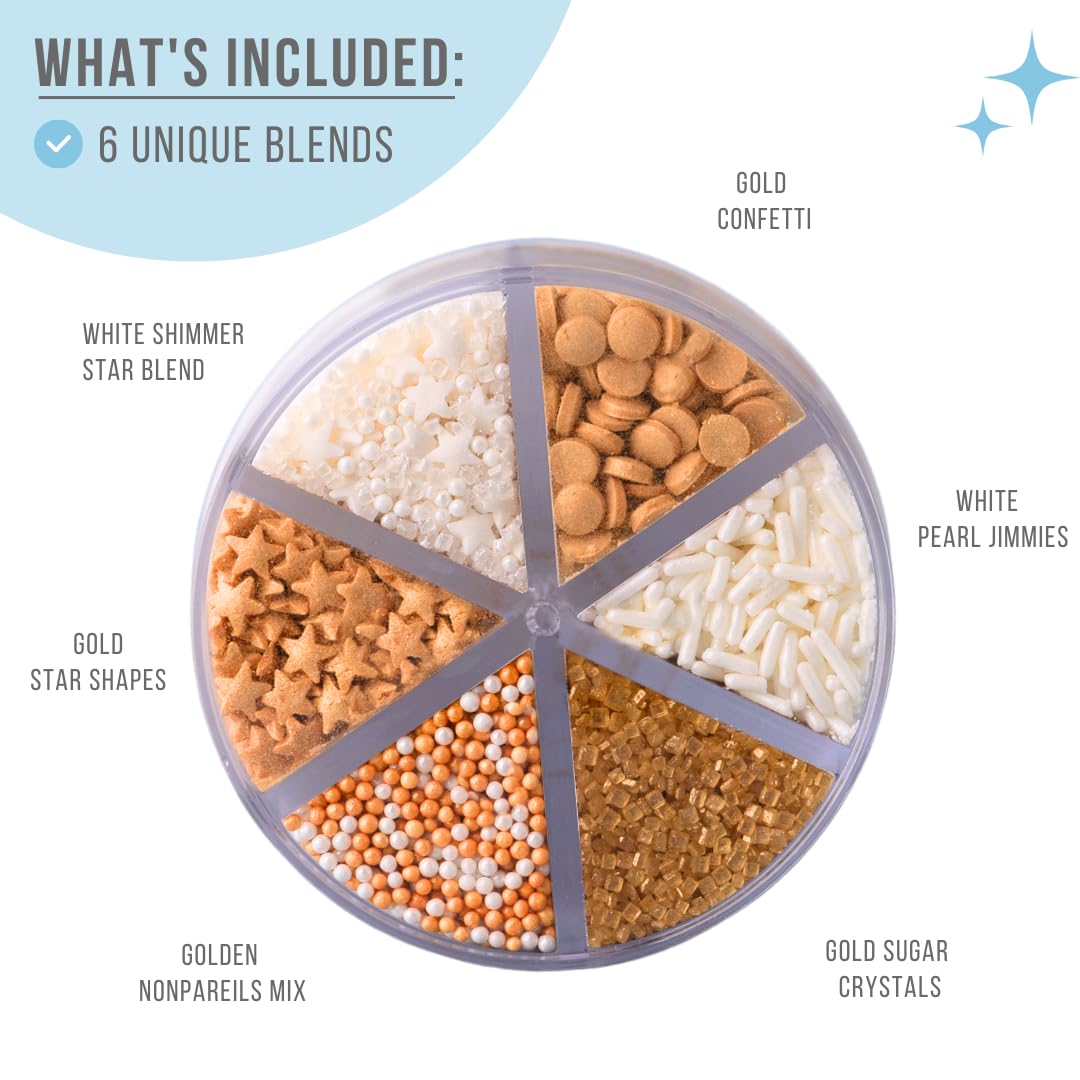 Sweets Indeed Sprinkles 6 Cell Edible Sprinkle Mix Jimmies Perfect for Cake Decorations Baking Ice Cream Cookies Cupcake Topper (Gold)