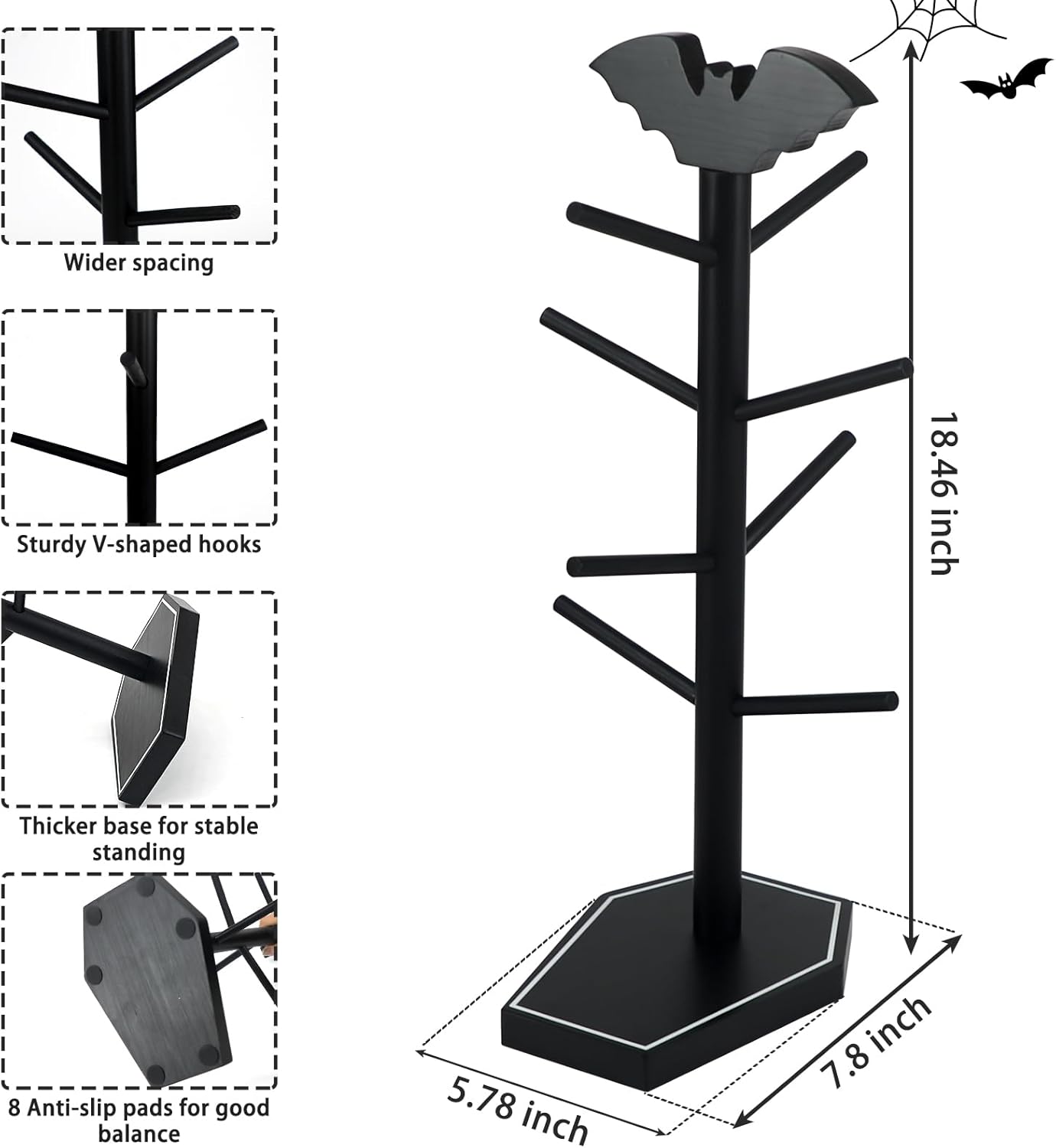 Bat Mug Holder Tree - 8 Hooks Coffee Mug Rack - Gothic Home Decor Wood Coffee Mug Tree for Countertop - Coffee Cup Holder for Halloween Kitchen Organizer & Coffee Bar Accessories (Coffin)