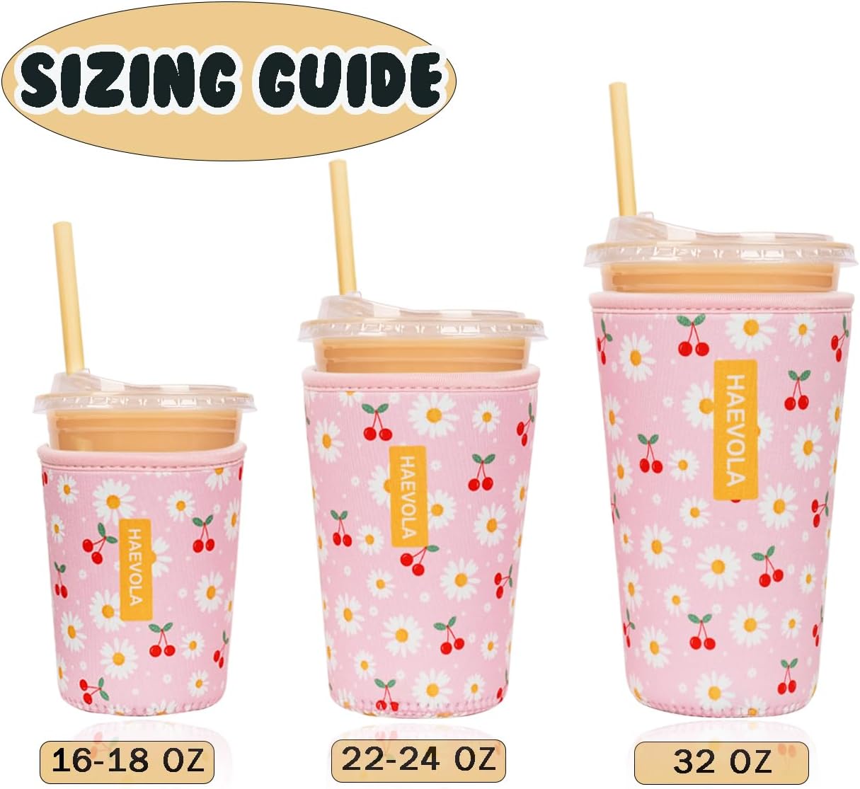 Reusable Insulated Neoprene Iced Coffee Cup Sleeve, Durable Drink Sleeve for Cold Beverages, Beverage Holder for Iced Coffee, Cherry Daisies