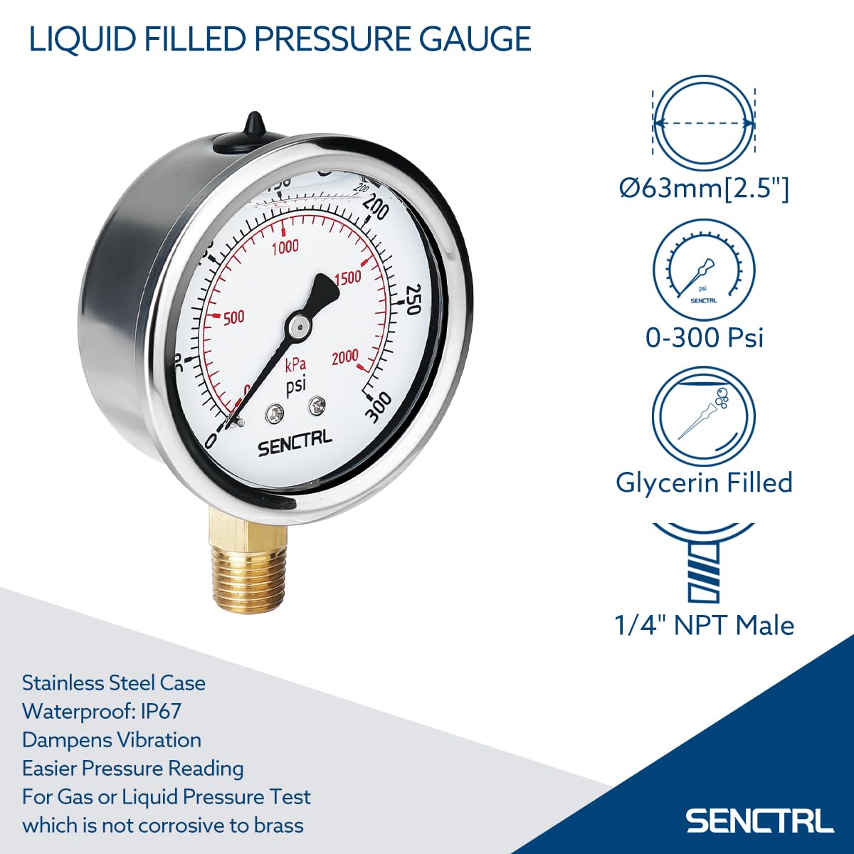 SENCTRL 0-300 Psi Glycerin Liquid Filled Pressure Gauge, 2.5" Dial Size, 1/4" NPT Lower Mount, Stainless Steel Case, for Air Gas Water Oil Hydraulic Pressure Test