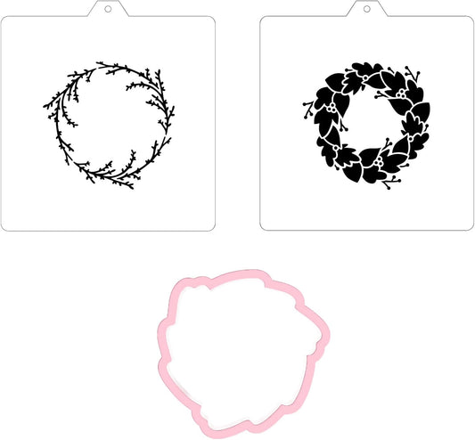 Wreath Cookie cutter and stencil set Baking stencils and cutters bundle DIY bakery decorating kit Wedding Cookie cutter with stencils Icing stencil and cookie cutter combo (Wreath Set)