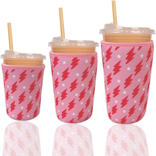 Reusable Insulated Neoprene Iced Coffee Cup Sleeve, Durable Drink Sleeve for Cold Beverages, Beverage Holder for Iced Coffee, Pink Flash
