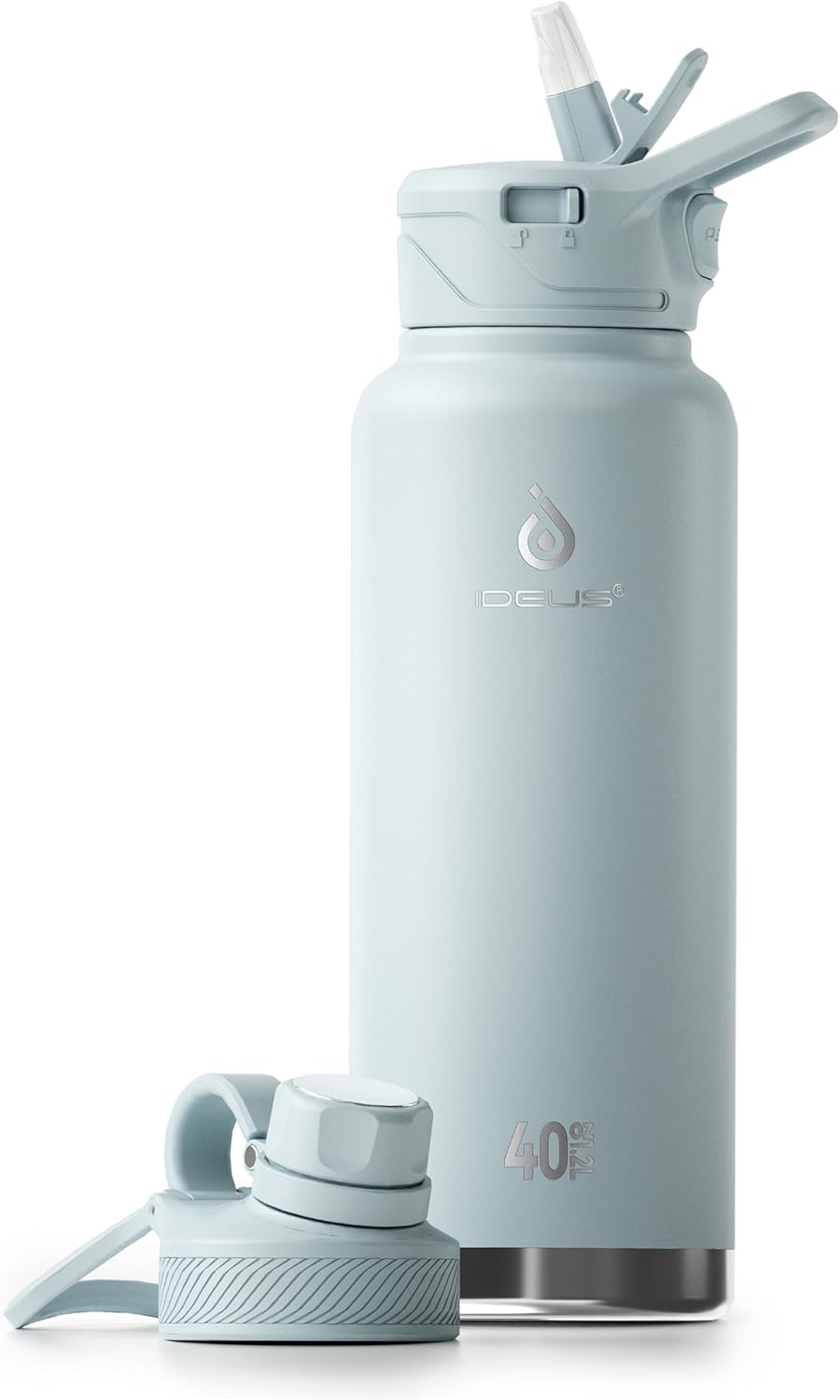 IDEUS Insulated Stainless Steel Water Bottle with 2 Leak-Proof Lids, Thermal Water Flask for Hiking Biking, 40oz, Light Blue