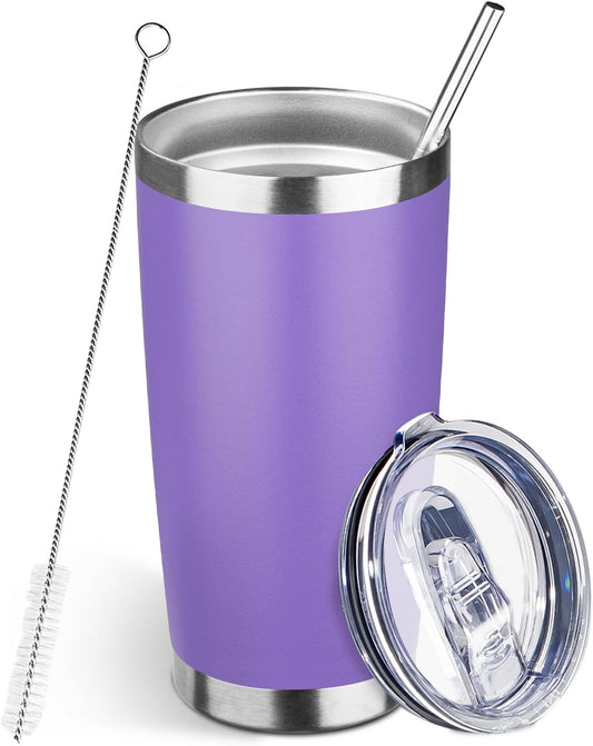20oz Tumbler Bulk with Lid and Straw, Stainless Steel Double Wall Vacuum Insulated Travel Mug, Powder Coated Coffee Cups for Hot and Cold Drinks,Funny Gifts for Women Men(Purple,1)