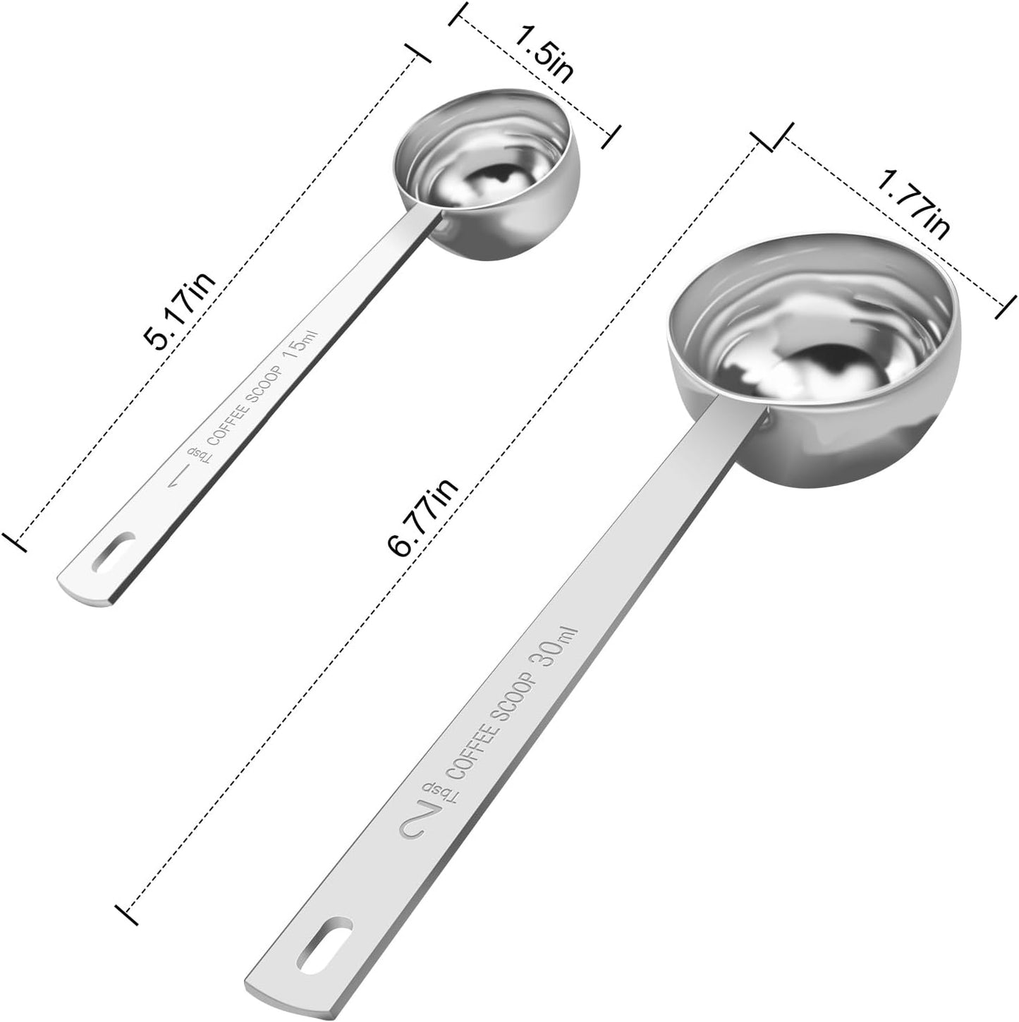 Coffee Scoop Set, Tablespoon Scoop 2 Pc Set (1 Tbsp & 2 Tbsp), Stainless Steel Measuring Spoons for Ground Coffee with Long Handles, for Tea, Sugar, or Flour