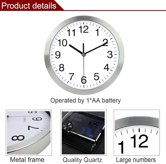 SIN&MI Wall Clock Metal Frame Glass Cover Non-Ticking Number Quartz Wall Clock - Image 3