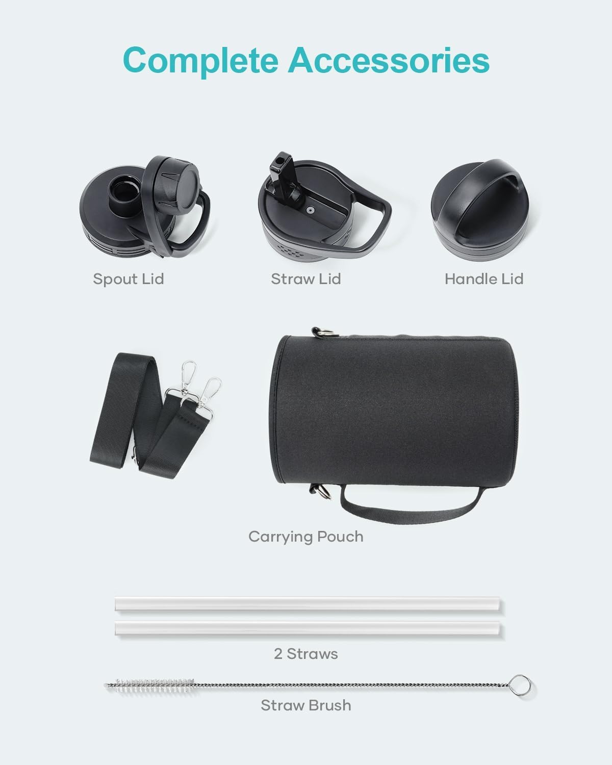 BUZIO 32 oz Water Bottle Insulated with Straw & 3 lid and Carrying Pouch, Leak Proof Anti-Slip Stainless Steel Water Flask Jug, Cold for 48 Hrs Double Vacuum Thermo Canteen, BPA-Free, Caribbean Blue