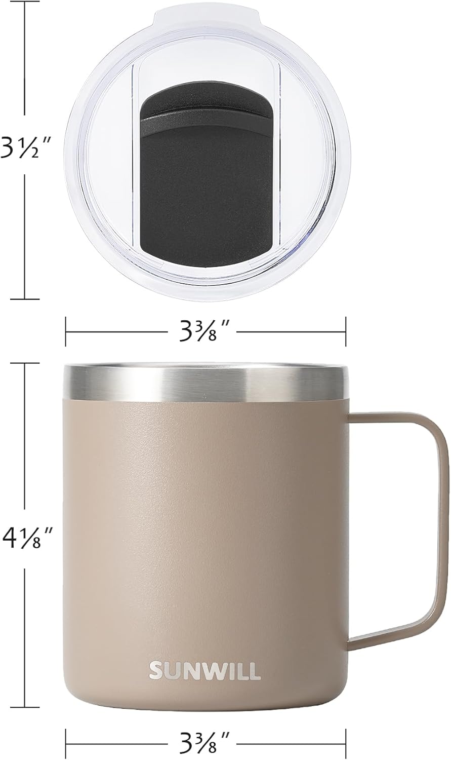 SUNWILL Travel Coffee Mug with Lid, Insulated Tumbler with Handle, 14oz Stainless Steel Cup for Camping, Office, Home, Powder Coated Taupe