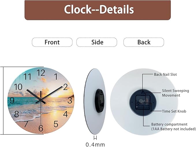 Beach Wall Clock Silent Analog Glass Wall Clocks Battery Operated 16 Inches or - Image 7