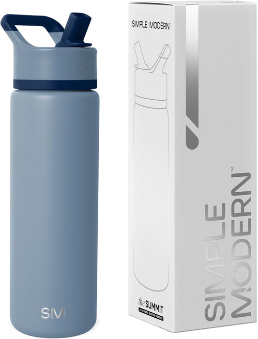 Simple Modern Water Bottle with Straw Lid | Vacuum Insulated Stainless Steel Metal | Reusable Leak Proof BPA-Free Cup for School | Summit Collection | 22oz, Blue Dune