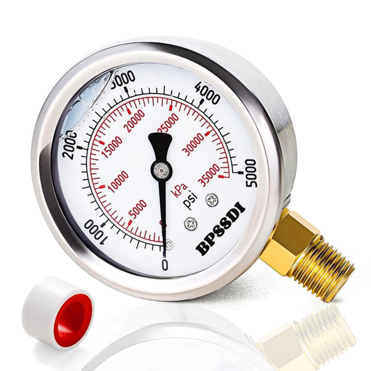 0-5000 Psi Glycerin Liquid Filled Hydraulic High Pressure Gauge, 2.5" Dial Size, 1/4" NPT Lower Mount, 304 Stainless Steel Case, for Water Oil Air Gas Pressure Test