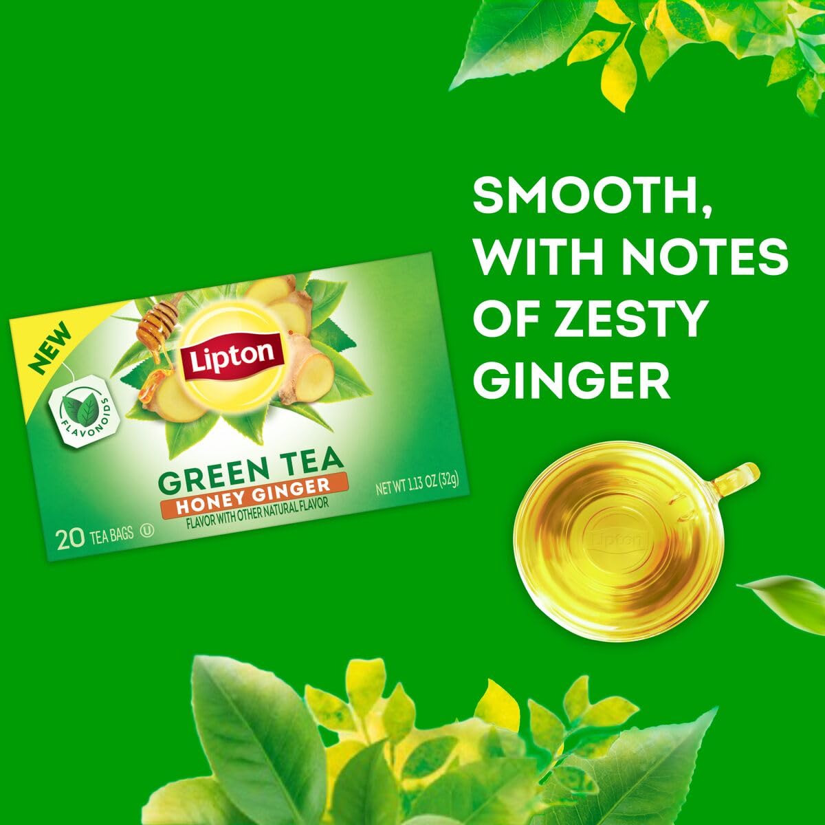 Lipton Honey Ginger Green Tea Bags, Flavored, Unsweetened Teabags for Hot Tea or Iced Tea with Caffeine and Flavonoids, 120 Total Tea Bags (20ct - Pack of 6)