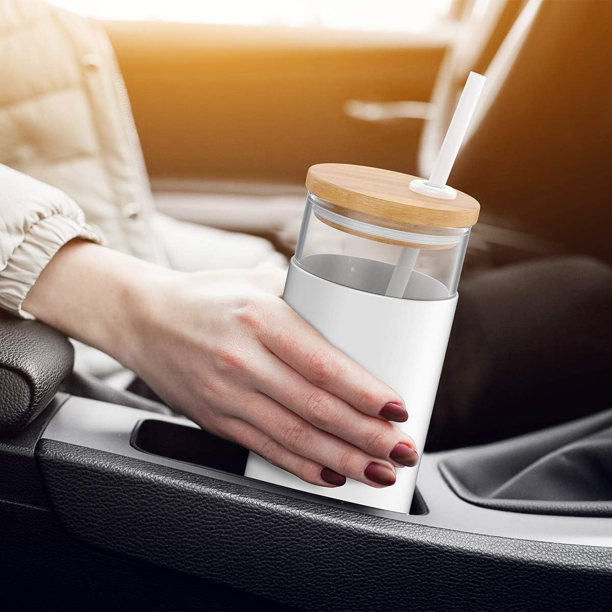 Tronco 20 oz Glass Tumbler with Lid and Straw, Reusable Iced Coffee Cup with Silicone Sleeve & Bamboo Lid, Smoothie Cup for Home,Office, for Father Men Day Gift from Wife Daughter Son (Gress)