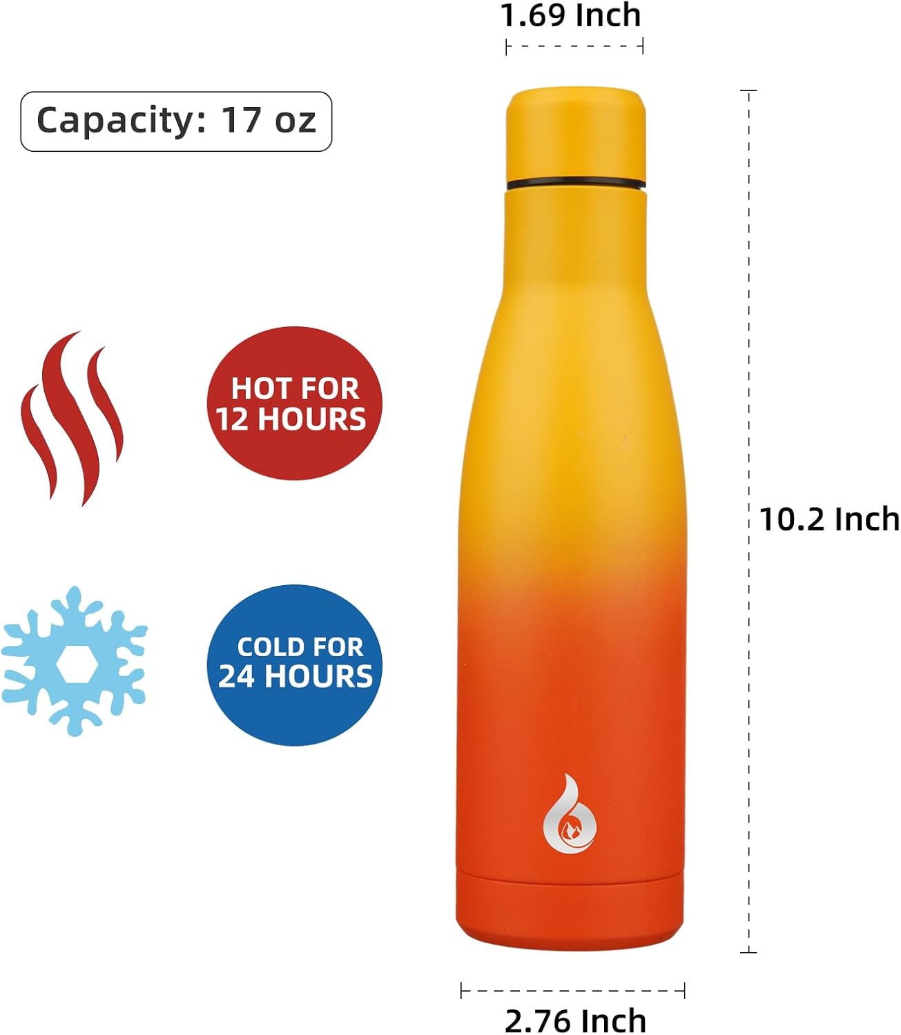 BJPKPK Insulated Water Bottle 17oz Stainless Steel Water Bottles Dishwasher Safe Reusable Metal Thermos Keep Cold and Hot,Sunset Orange