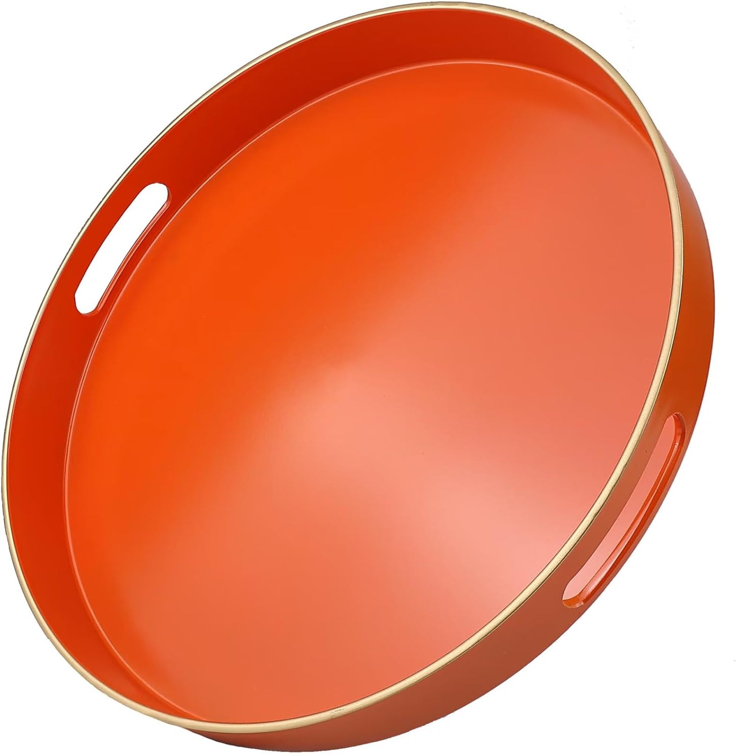 Orange Round Decorative Tray with Handles, 13" Versatile Serving Tray for Coffee Table, Ottoman, Ideal for Serving, Displaying, Organizing