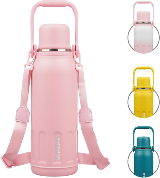BJPKPK Insulated Water Bottle 50oz Stainless Steel Water Bottles Disherwahser Safe with Handle and Lid Travel Metal Thermos,Light Pink